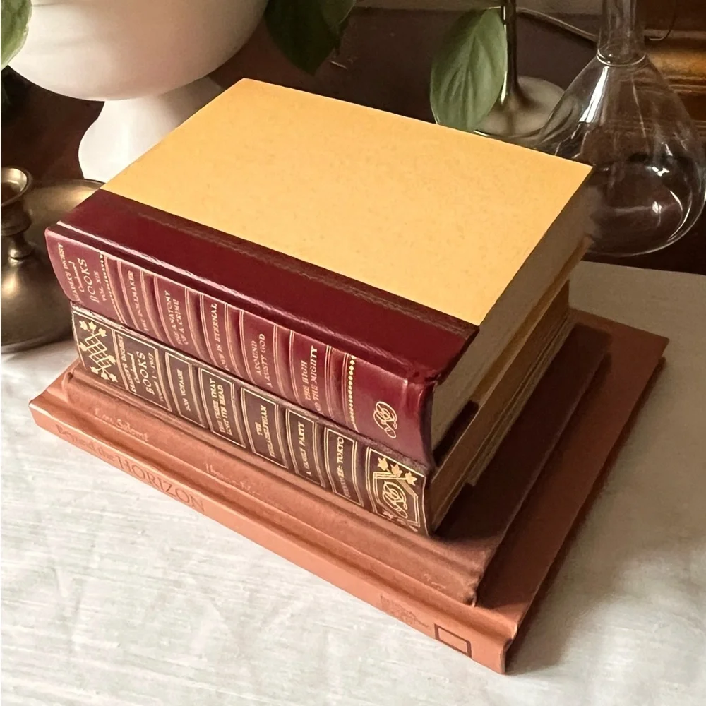 Curated Book Stack Set Decorative Vintage Hardcover Shelf Filler Brown Warm Red